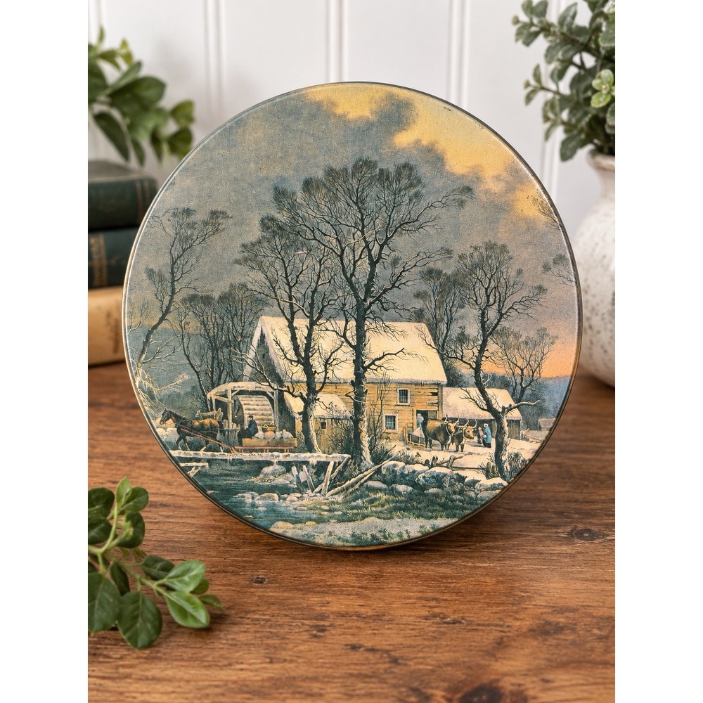 Vintage Currier and Ives The Old Grist Mill Winter Scene Round Metal Tin 10in
